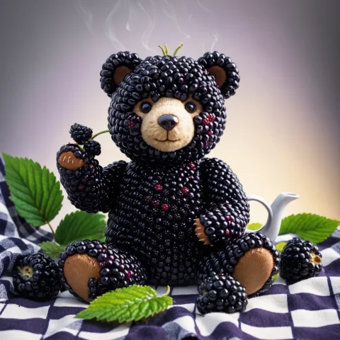 Blackberryworld, A Teddy Bear Made Entirely Of Glossy Dark P... — SDXL AI Prompt: blackberryworld, a teddy bear made entirely of glossy dark purple-black blackber...