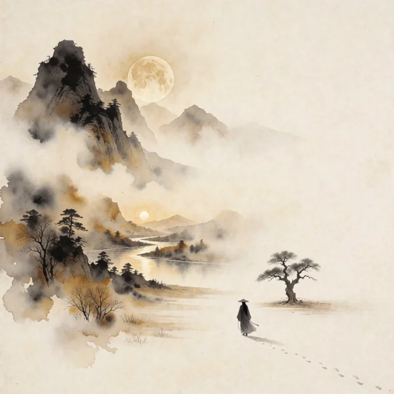 A Vast Minimalist East Asian Landscape At Sunrise, Composed...