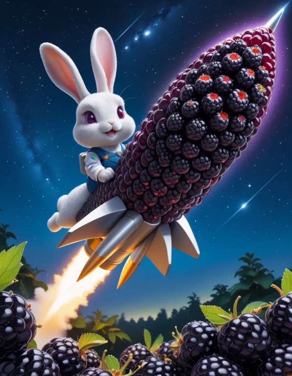 A Rabbit Riding A Rocket , At Night Made Of Juicy Blackberri...