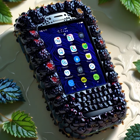 A Phone Made Of Blackberries, Uneven, Pebbled Surface Create... — SDXL AI Prompt: a phone made of blackberries, uneven, pebbled surface created by individual berr...