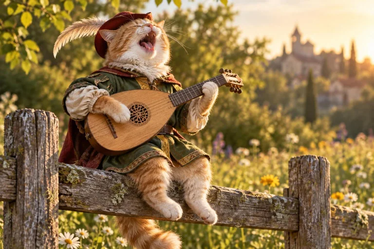 A Whimsical And Charming Portrait Of A Cat Troubadour Perche...