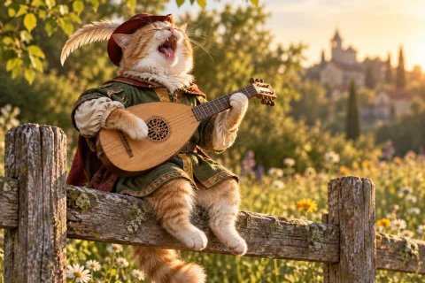 A Whimsical And Charming Portrait Of A Cat Troubadour Perche... — Stable Diffusion AI Prompt: A whimsical and charming portrait of a cat troubadour perched gracefully on a we...