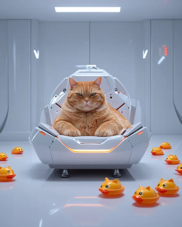 A Fat Orange Cat Lounging In A Futuristic Spa Chair, Cucumbe...
