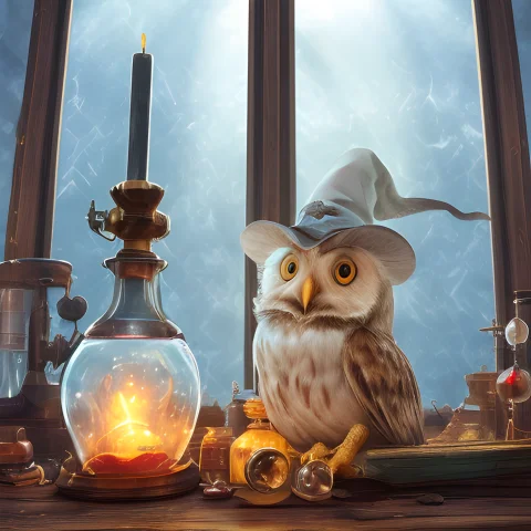 Wizard Owl On A Alchemist Laboratory, Wizard Hat, Old Wood T... — Stable Diffusion AI Prompt: ((wizard owl)) on a (alchemist laboratory), wizard hat, old wood table, perspect...