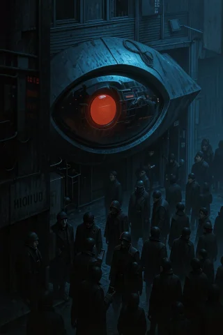 An Overhead View Shows A Crowd Of People Gathered Beneath A... — FLUX AI Prompt: An overhead view shows a crowd of people gathered beneath a large, eye-shaped st...