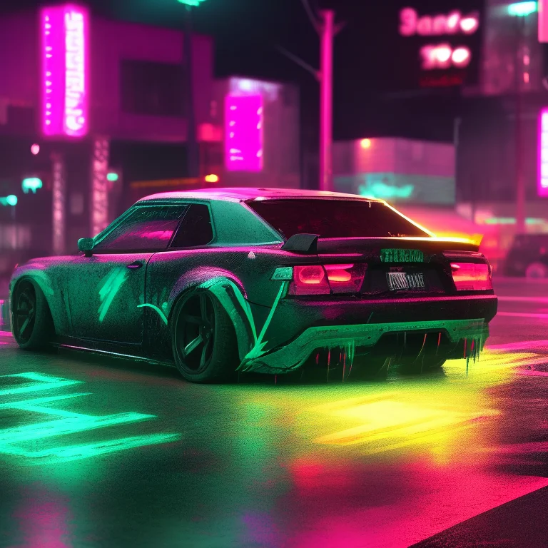 A Photo Of A Car Parked In A Parking Lot With Neon Lights On...