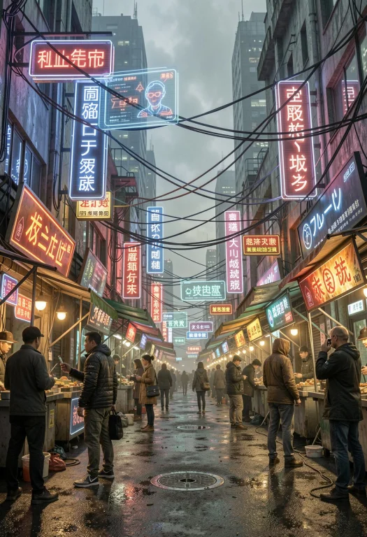 A Cyberpunk Market Wired With Holographic Signs, Physically...