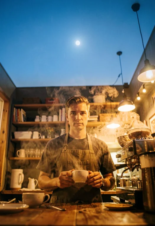A Barista Framed By Steam In A Cozy Cafe, Moonlight, 85mm Po...