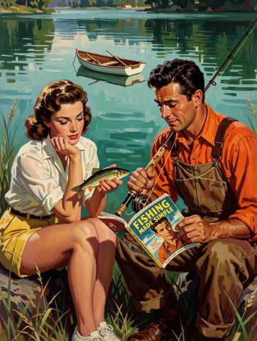 A Vintage 1950s-style Illustration Featuring A Man And Woman... — Stable Diffusion AI Prompt: a vintage 1950s-style illustration featuring a man and woman by a serene lake. T...