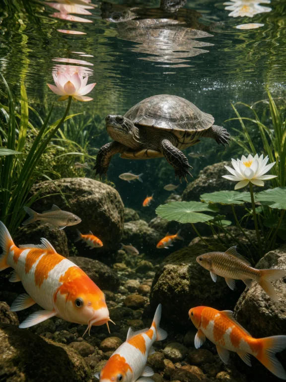 The Image Shows A Realistic Underwater View Inside A Lush Ga...