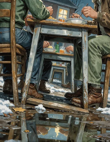 Create An Original Vertical Composition Depicting A Neighbor... — Stable Diffusion AI Prompt: Create an original vertical composition depicting a neighborhood meal on a slope...