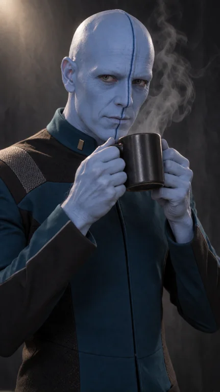 Blnml Alien Man, Chest-up, Straight-on, Holding Steaming Mug...