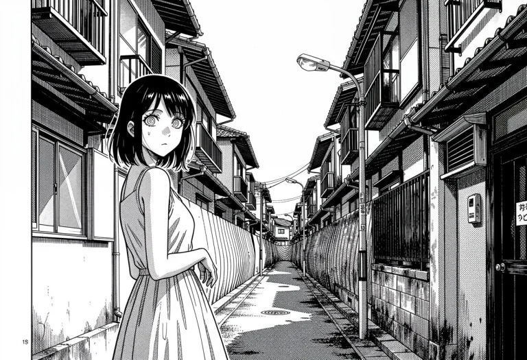 A Black And White Manga Panel In The Style Of Junji Ito. The...