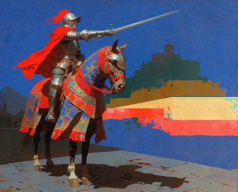 Yfg-fwshn A Mounted Knight In Full Plate Armor Sits On A Dec... — Stable Diffusion AI Prompt: / YFG-Fwshn/ A mounted knight in full plate armor sits on a decorated warhorse/...