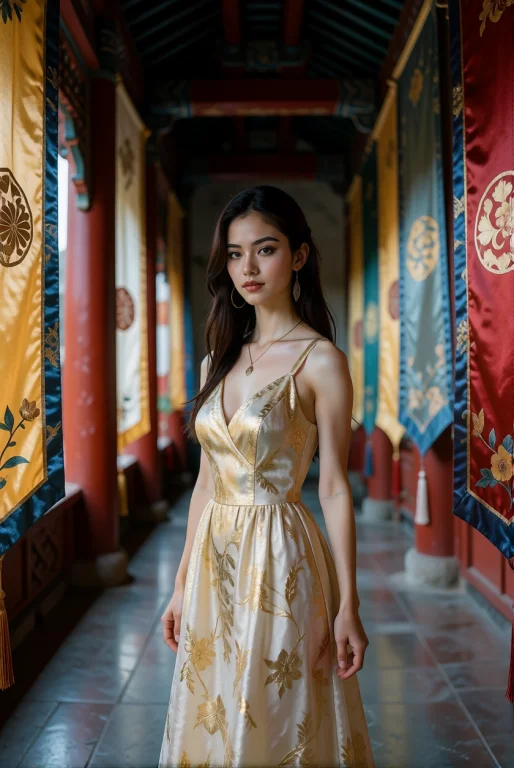 A Young Woman Stands In A Corridor Of Hanging Silk Banners,...