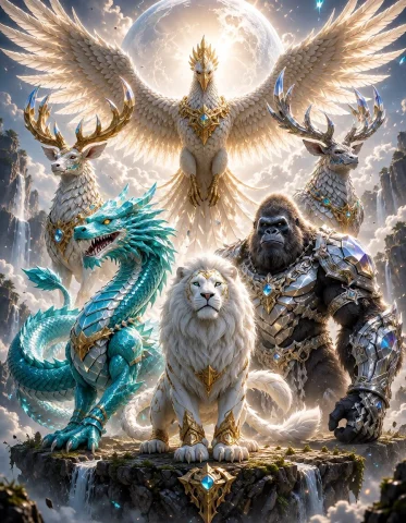 Titanascended, Aa Monumental Gathering Of Five Distinct Myth... — Stable Diffusion AI Prompt: Titan_Ascended, aa monumental gathering of five distinct mythical creatures stan...