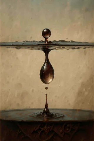 A Single Water Droplet Suspended Vertically Between Two Hori... — FLUX AI Prompt: A single water droplet suspended vertically between two horizontal water surface...