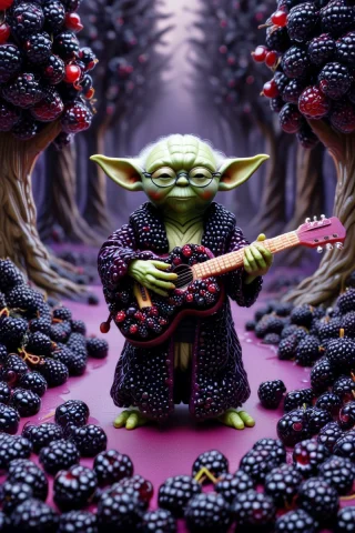 A Cute Yoda Wearing Glasses With Big Cherry In A Magical For... — SDXL AI Prompt: a cute yoda wearing glasses with big cherry in a magical forest. Playing songs o...