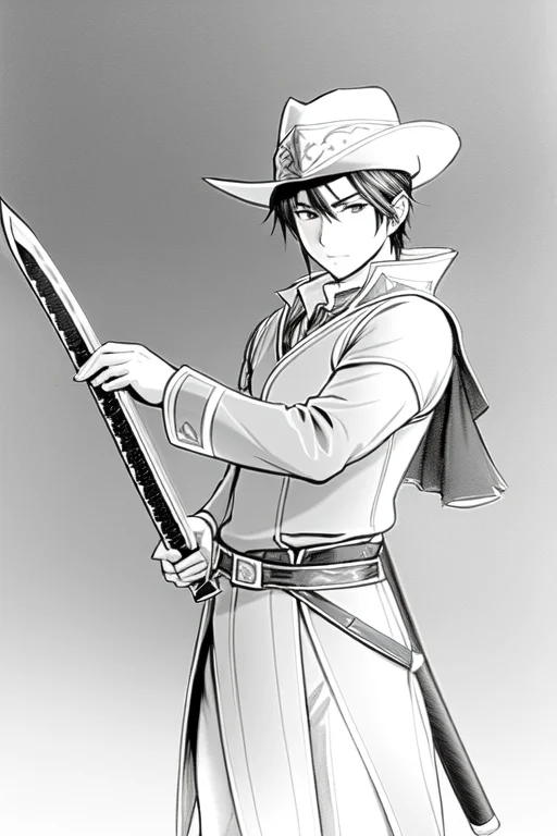 Pencil Sketch Of A Dd Ranger Weilding A Katana, Engraved Bla...
