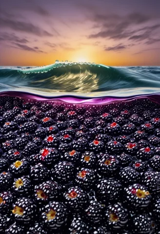 Masterpiece, Vast Blackberry Ocean, Waves Made Of Rolling Gl... — SDXL AI Prompt: masterpiece, vast blackberry ocean, waves made of rolling glossy blackberries, j...