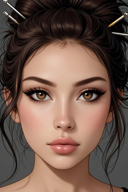 Woman Face Closeup, Scattered Hair Pins Updo, Feline Flick W...
