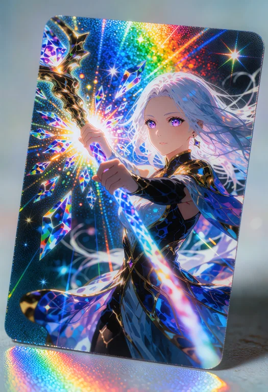 Holographic Foil Trading Card Of An Anime Character, A Rainb...