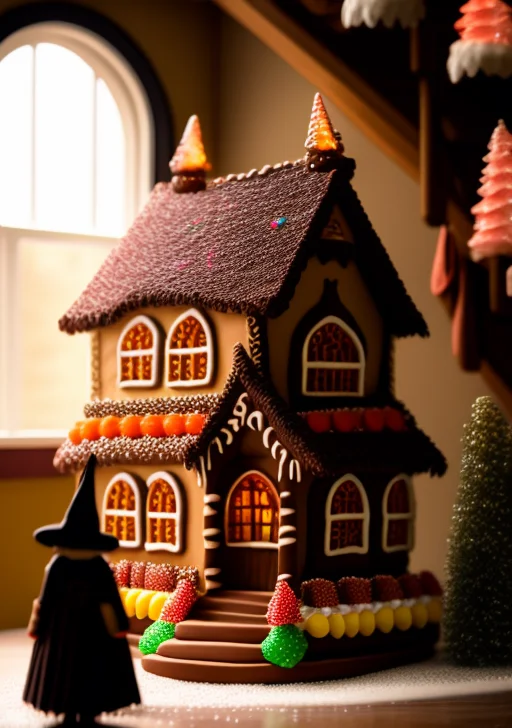 A Witch Stands Infront Of An Intricate House Made Of Candy A...