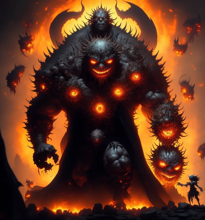 A Demonic Flaming Boss With A Huge Head And A Huge Body, Sur...