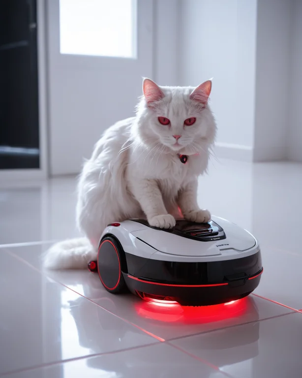 A Smug Fluffy Cat Riding A Robot Vacuum Cleaner, Cat Sitting...