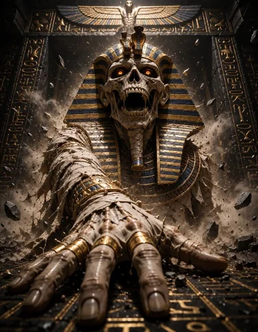 Titan Ascended,an Undead Pharaoh Bursting Out Of An Ancient... — Stable Diffusion AI Prompt: Titan Ascended,an undead pharaoh bursting out of an ancient stone sarcophagus, o...