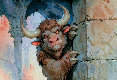 Adorable Fluffy Minotaur, Hiding Around A Corner Of A Dark U... — Stable Diffusion AI Prompt: adorable fluffy minotaur, hiding around a corner of a dark underground labyrinth...