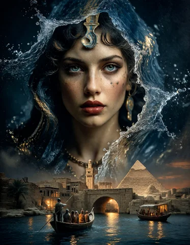 Ethereal Portrait Of Queen Cleopatra With Blue Eyes And Gold... — Stable Diffusion AI Prompt: {Ethereal portrait of Queen Cleopatra with blue eyes and golden skin, her hair a...