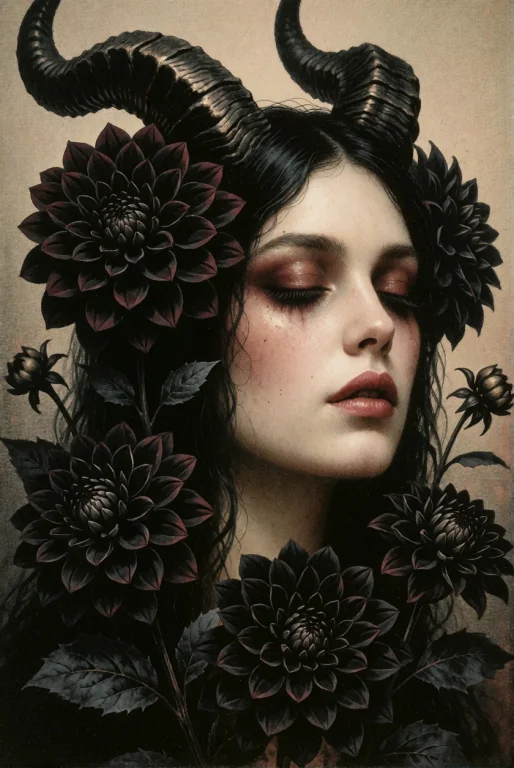 Broadside Print, A Beautiful Woman With Demon Horns, Black D...