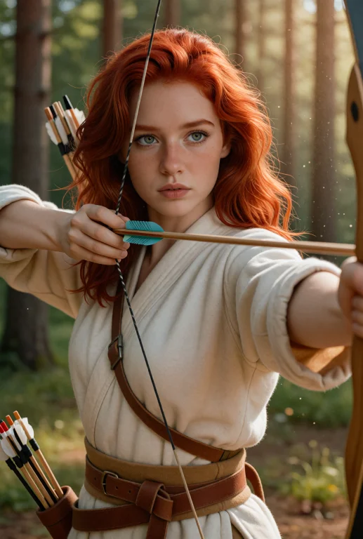 A Photograph Of L33na, She Practices Archery In A Forest Cle...