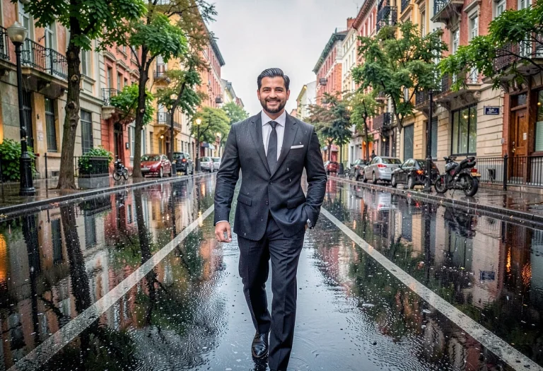 A Tailored Look Reflected In A Rain-slick Street, Wide Angle...