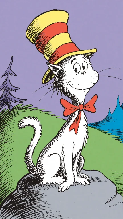 A Childrens Book Illustration Of A A Cat In The Hat Is On A...