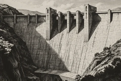 Monochrome Ink Engraving Style Illustration Of A Colossal Mo... — Stable Diffusion AI Prompt: Monochrome ink engraving style illustration of a colossal modern dam reimagined...