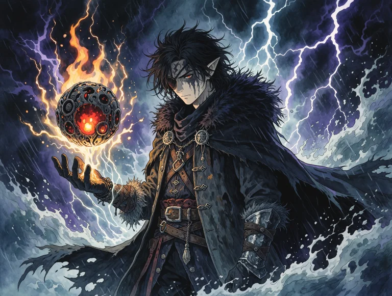 Studio Ghibli Dark Fairytale, A Male Elf Sorcerer Stands Ami...