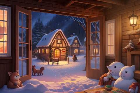 A Winter Village With Windows Glowing Warm, Childrens Book I... — Stable Diffusion AI Prompt: a winter village with windows glowing warm, children's book illustration, rim li...