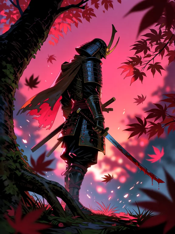 Silhouetted Samurai Warrior Standing In A Surreal Crimson-pi...