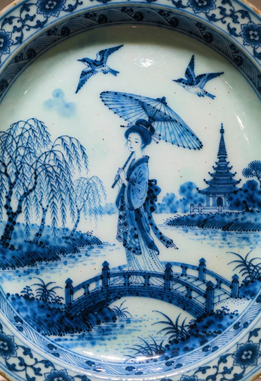 Hand-painted Blue And White Porcelain Plate Showing An Anime...