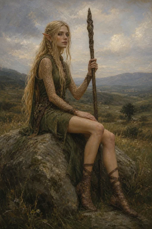 A Slender Young Elven Woman Sits Gracefully On A Large Weath...