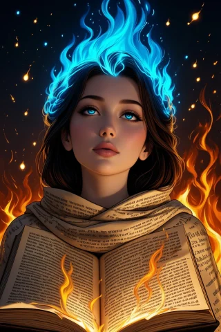 Upper Body Portrait, A Woman Cloaked In Pages Of Burning Boo... — Stable Diffusion AI Prompt: Upper body portrait, a woman cloaked in pages of burning books, ash dancing arou...