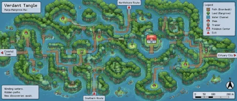 G1pokmon Map Showing Labyrinthine Maze Of Mangroves — Stable Diffusion AI Prompt: g1pokémon map showing labyrinthine maze of mangroves