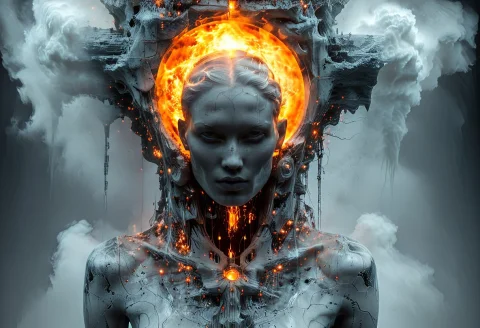 Masterpiece, Ultra Detailed Surreal Cyber-fantasy, A Colossa... — SDXL AI Prompt: Masterpiece, ultra detailed surreal cyber-fantasy, a colossal mysterious humanoi...