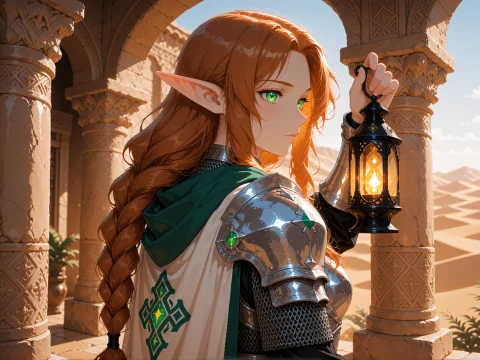 An Adult High Elf With Warm Copper Waves Falling Over One Sh... — Stable Diffusion AI Prompt: An adult high elf with warm copper waves falling over one shoulder, luminous eme...