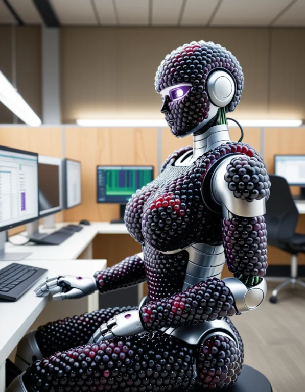 2. An Enormous Humanoid Office Robot Sitting Exhausted At A...