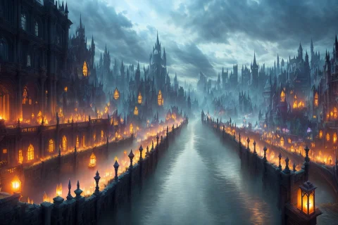Kingdoms Edge, Night, Style-glorious, Style-glass, Dramatic,... — Stable Diffusion AI Prompt: Kingdom's Edge, night, [Style-Glorious], Style-Glass, dramatic, volumetric light...