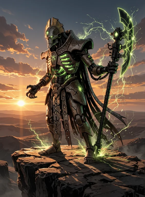 A Necronoverlord Stands On A Rocky Alien Plateau At Sunset,...