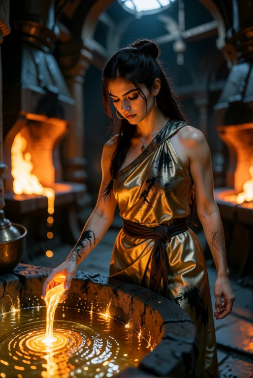 A Young Woman Reaches Into A Stream Of Molten Gold In A Forg...
